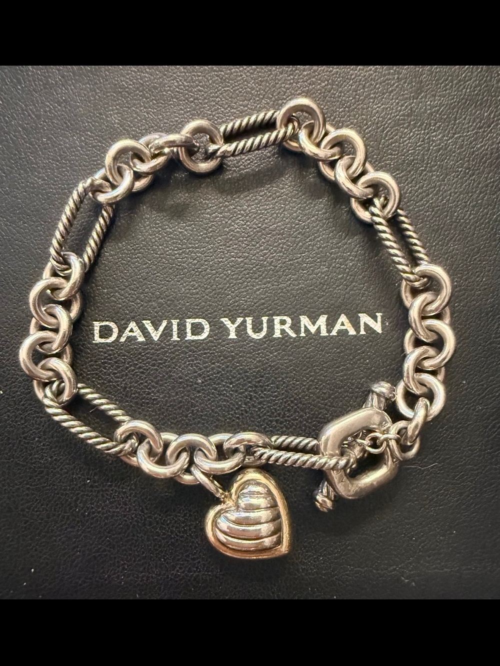 100% Authentic David Yurman Sterling Silver Heart Charm Twisted Cable Bracelet